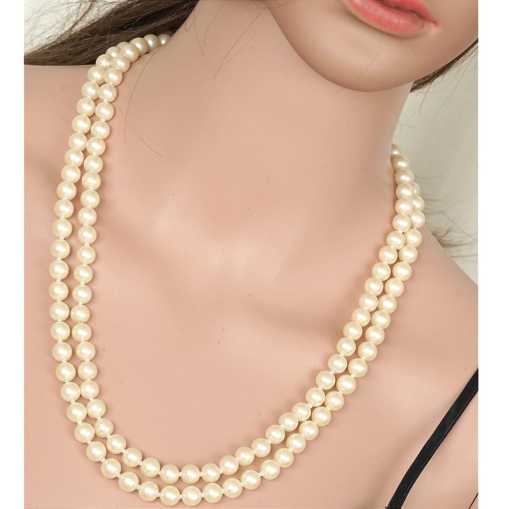 Vintage Double Strand Faux Pearl Necklace Ivory Cream Silver Tone Box Clasp